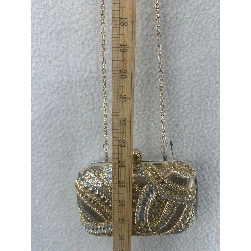 JOCELYN Embellished Gold Silver Beaded Clutch Evening Bag Chain‎ Strap INC